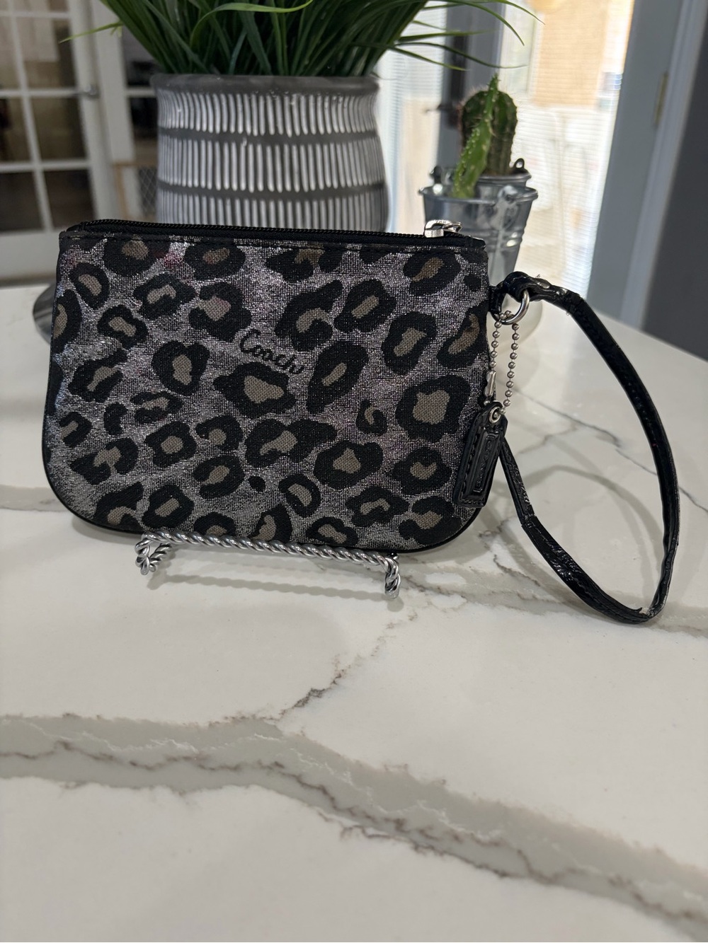 Coach Metallic Leopard Print Wristlet in Black and Silver